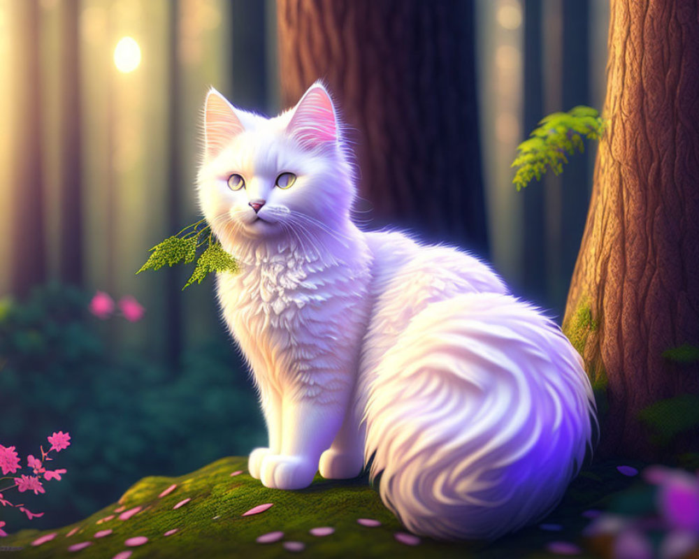 Fluffy White Cat with Blue Eyes in Sunlit Forest