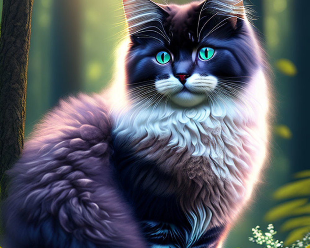 Fluffy Cat with Blue Eyes and Tuxedo Markings in Sunlit Forest