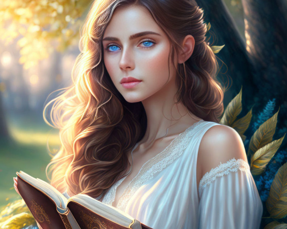 Woman with Blue Eyes and Brown Hair Reading Book in Sunlit Forest