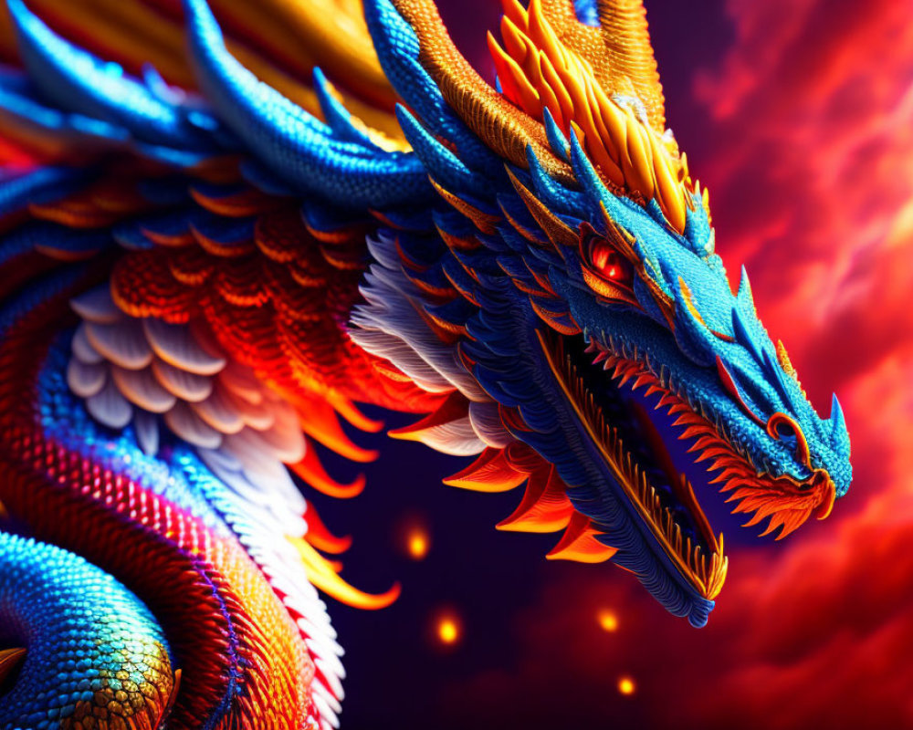 Detailed mythical dragon with blue scales and fiery background