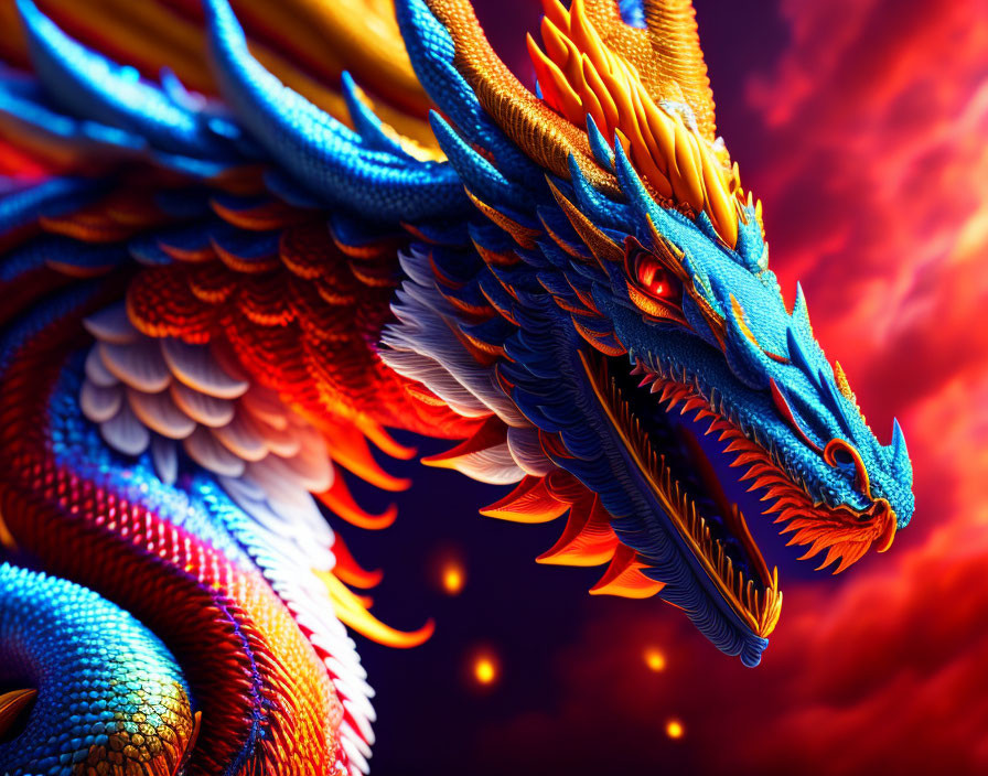 Detailed mythical dragon with blue scales and fiery background