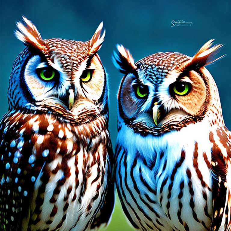 Vividly colored owls with green eyes on teal background