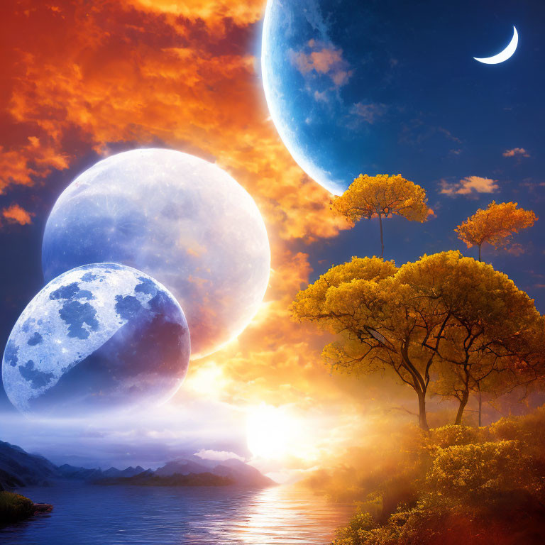 Vibrant sunset sky with oversized moons, colorful trees, and tranquil water body