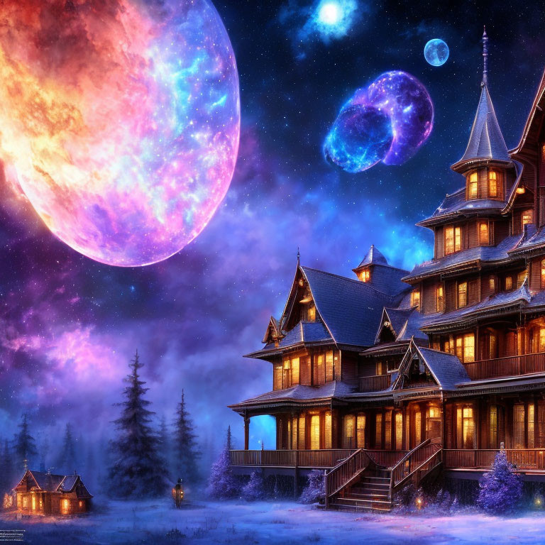 Wooden house at night with colorful planets in starry sky above forest