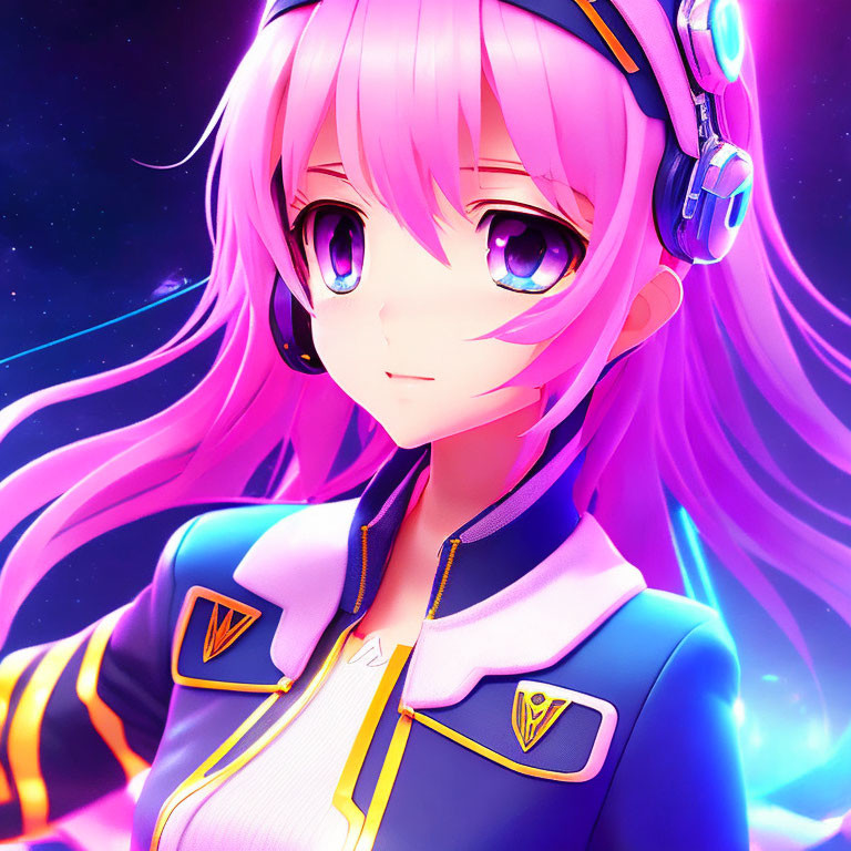 Vibrant purple-haired anime character in blue jacket against neon-lit backdrop