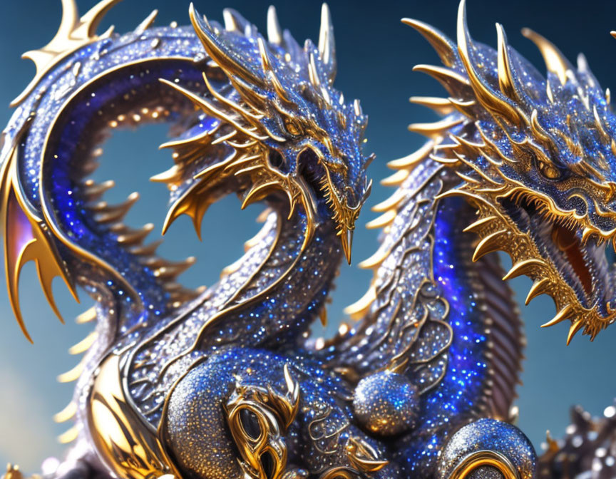 Intricate metallic dragon sculptures on blue background