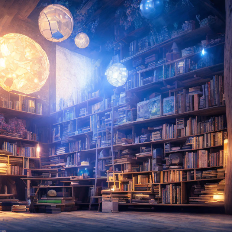 Overflowing bookshelves in enchanting attic library with magical orbs.