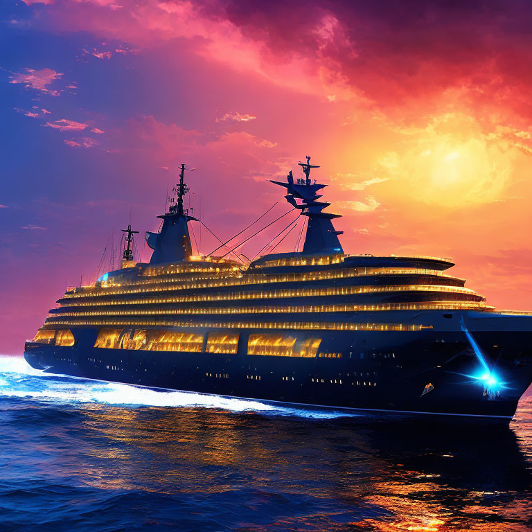 Cruise ship illuminated by vibrant sunset on tranquil sea