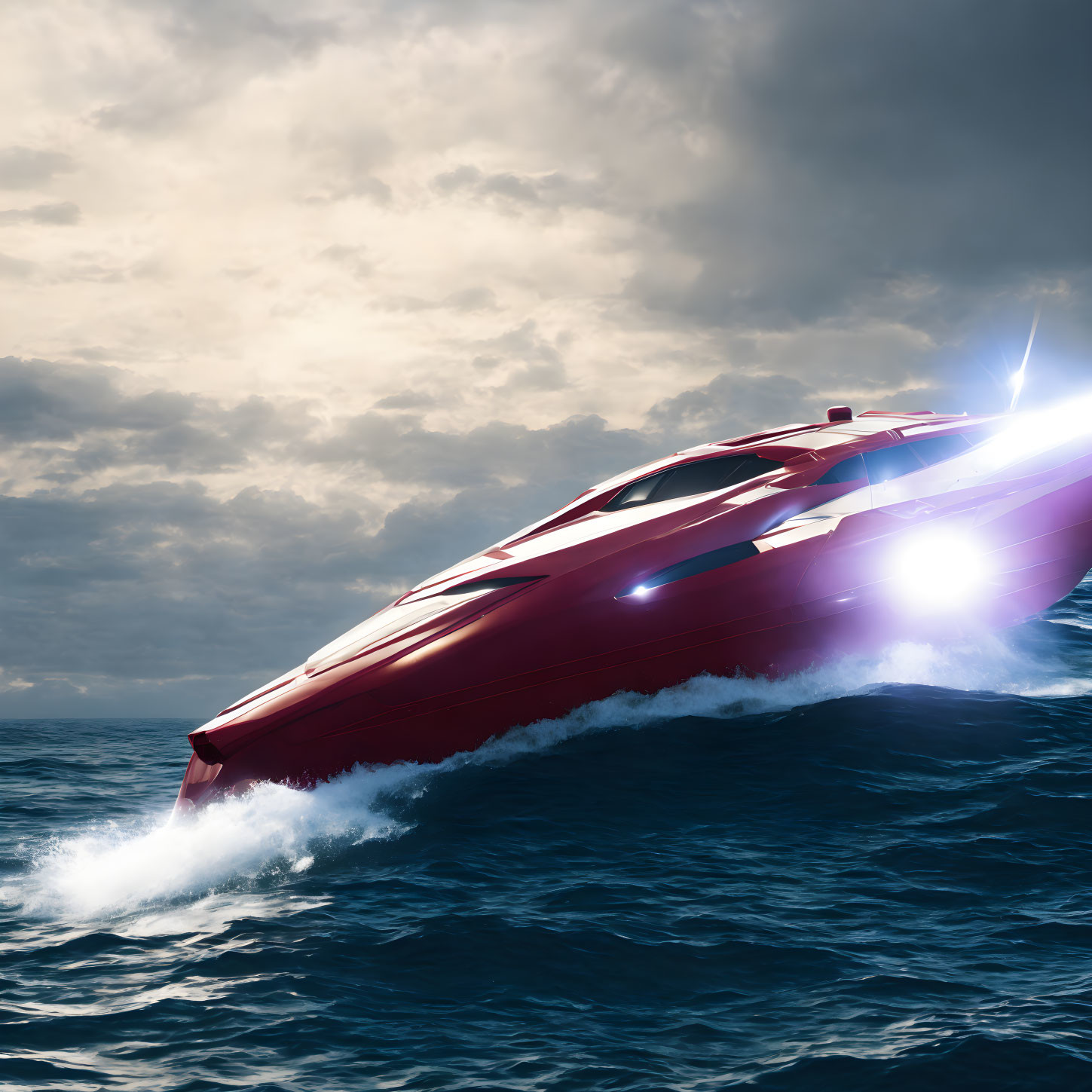 Red Speedboat Slicing Through Ocean Waves on Stormy Day