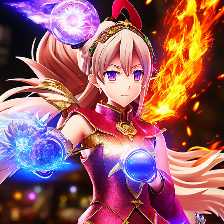 Anime-style female character in red armor wields blue magical orb amidst fiery and icy elements.