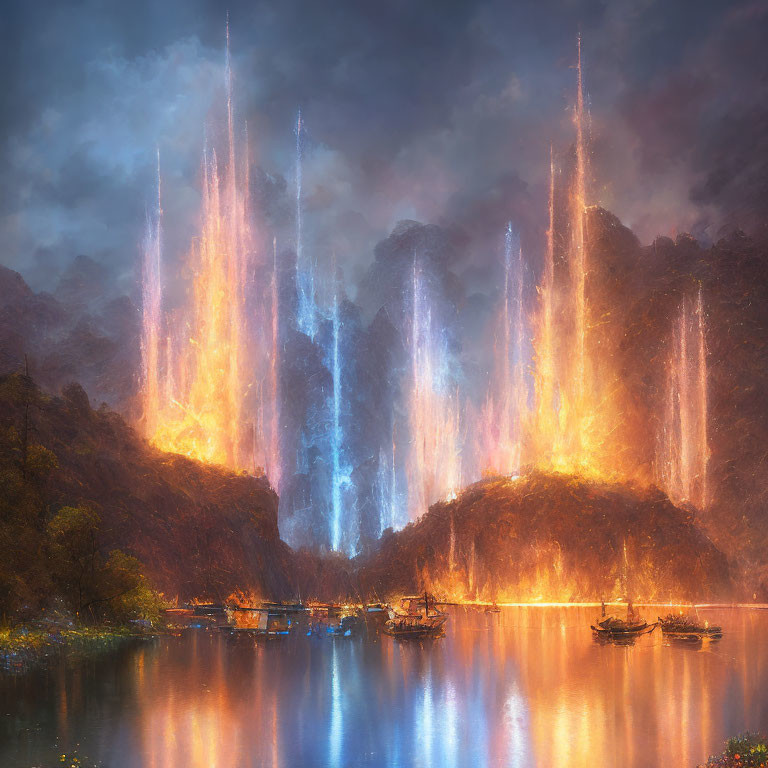 Majestic glowing waterfalls over calm lake in misty landscape