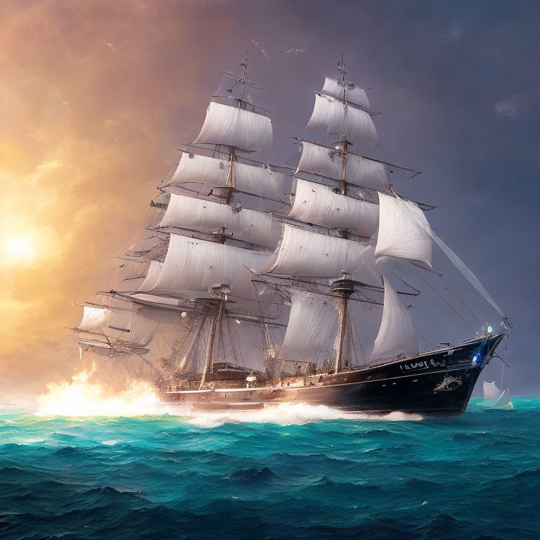 Tall ship sailing on choppy ocean under dramatic sky