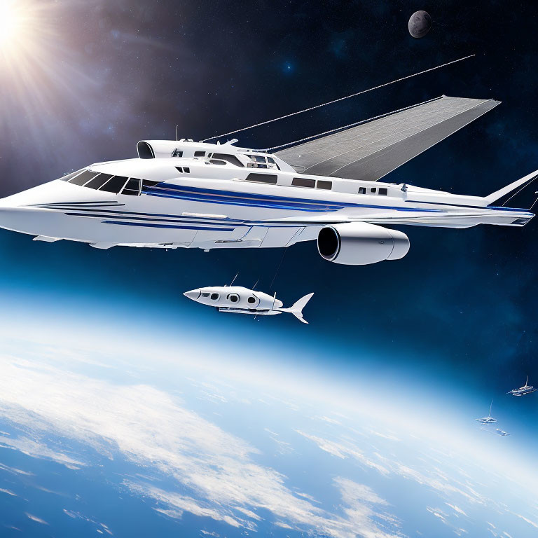 Futuristic spaceplanes flying near distant planet and stars