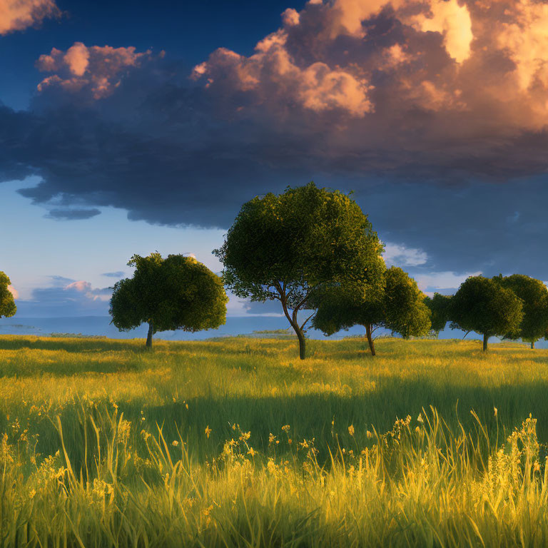 Tranquil landscape with green trees, golden field, and dramatic sky