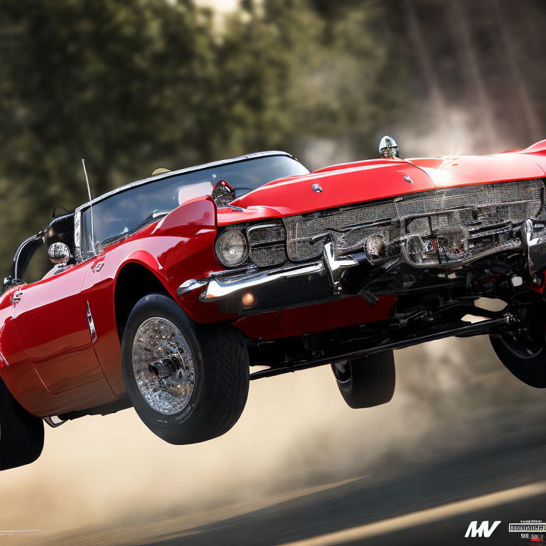 Red Vintage Convertible Car in Mid-Air with Forest Background