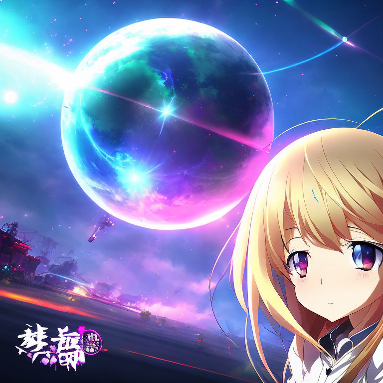 Blond Girl with Purple Eyes and Cosmic Planet Scene