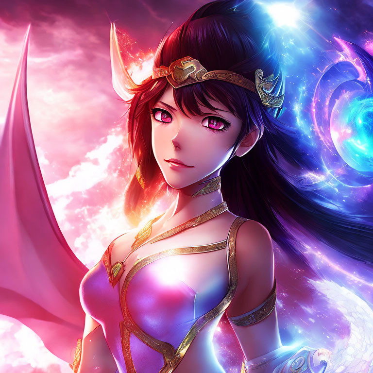 Illustrated female character in golden armor with pink eyes on cosmic background