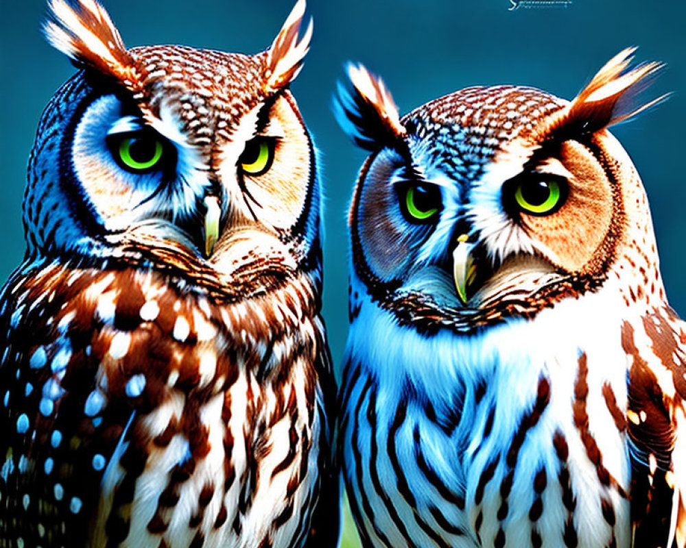 Vividly colored owls with green eyes on teal background