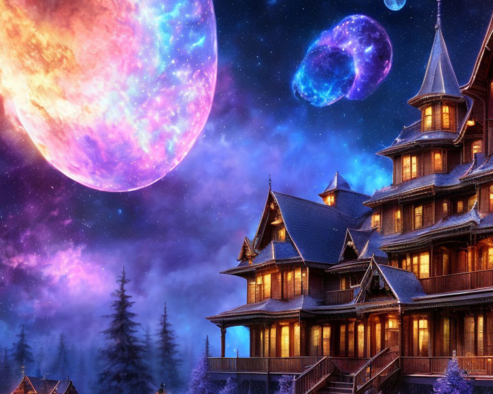 Wooden house at night with colorful planets in starry sky above forest