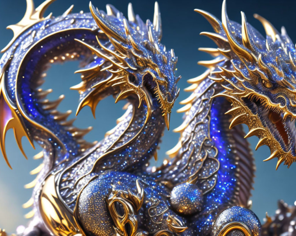 Intricate metallic dragon sculptures on blue background