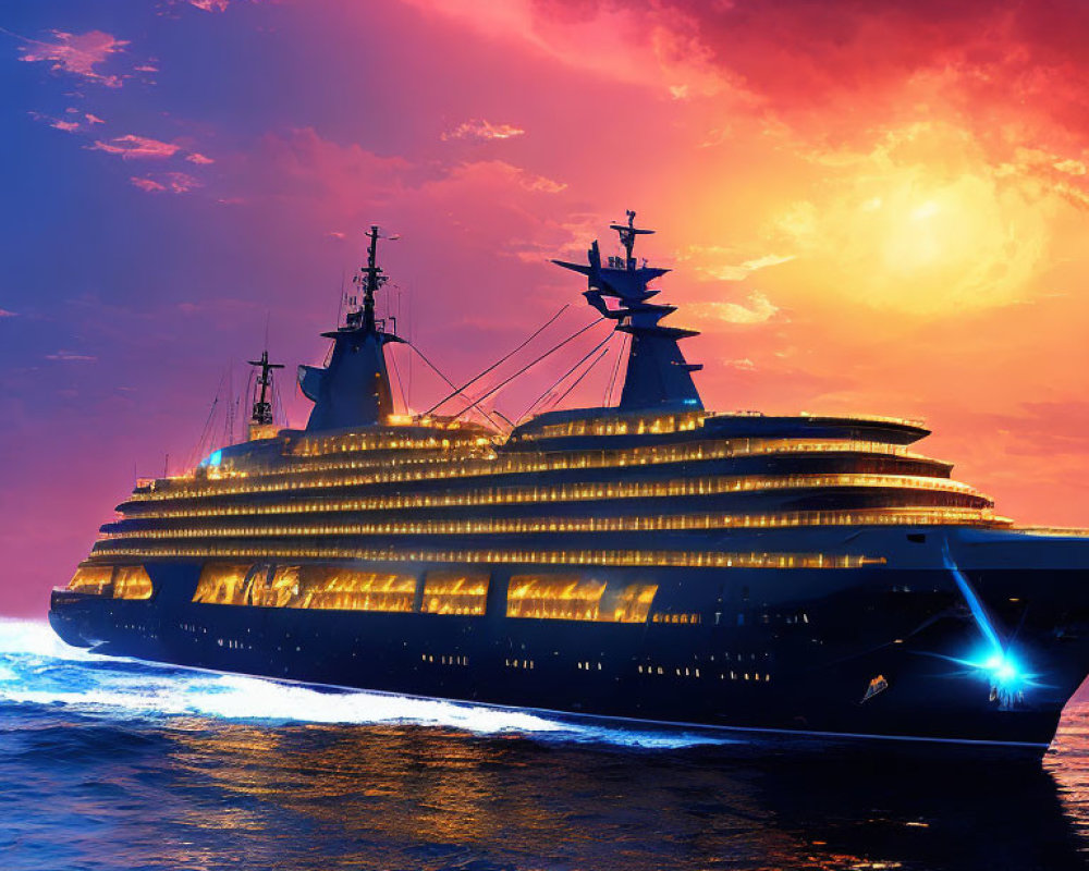 Cruise ship illuminated by vibrant sunset on tranquil sea