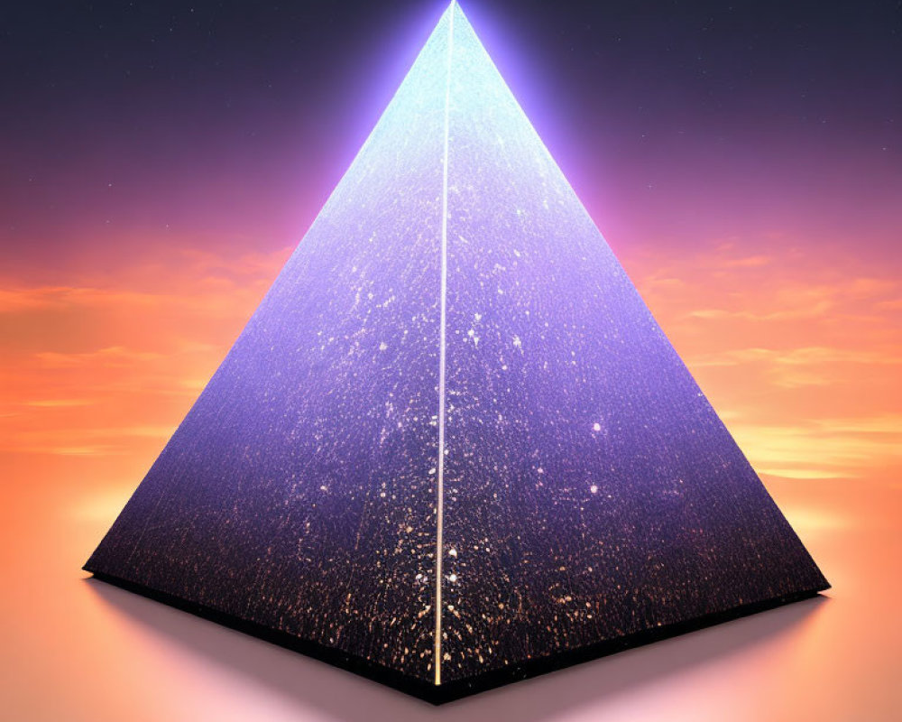 Glowing Pyramid with Starry Night Texture and Blue Beam in Sunset Sky