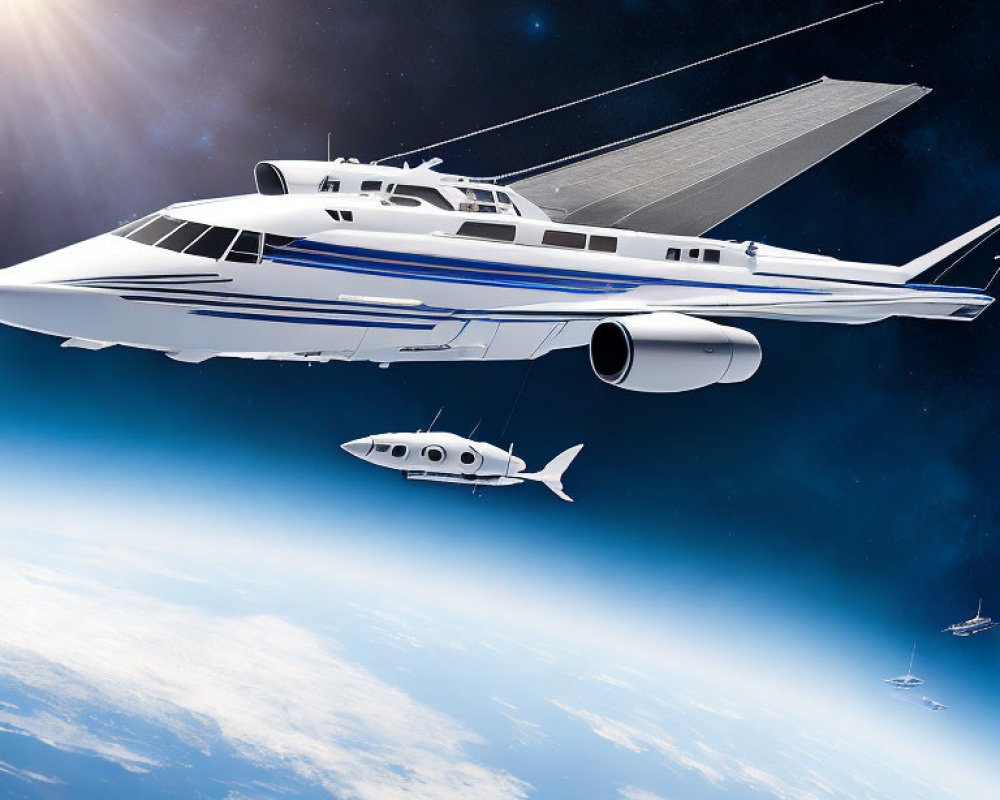 Futuristic spaceplanes flying near distant planet and stars