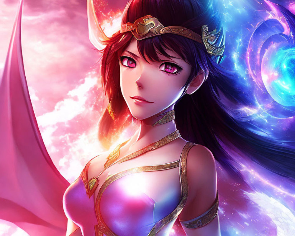 Illustrated female character in golden armor with pink eyes on cosmic background