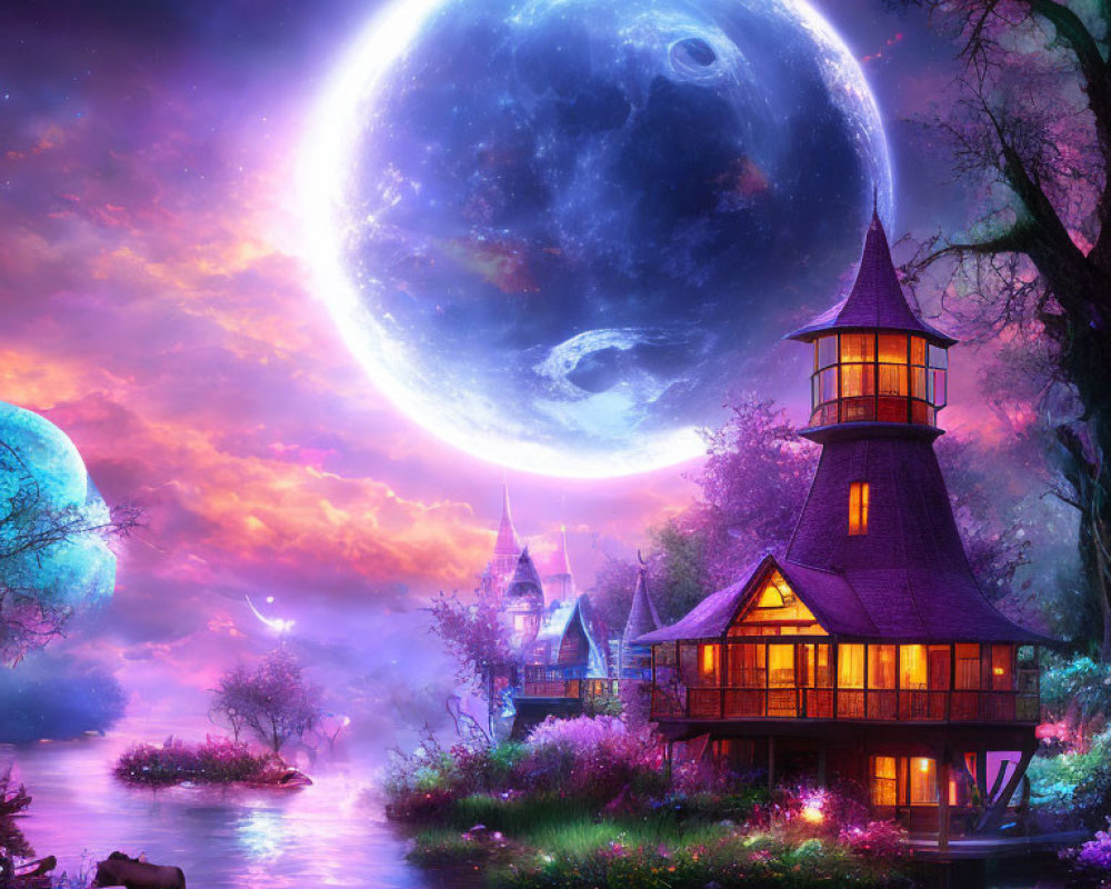 Fantasy landscape with large moon, illuminated houses, river, flora, deer, and planetary bodies