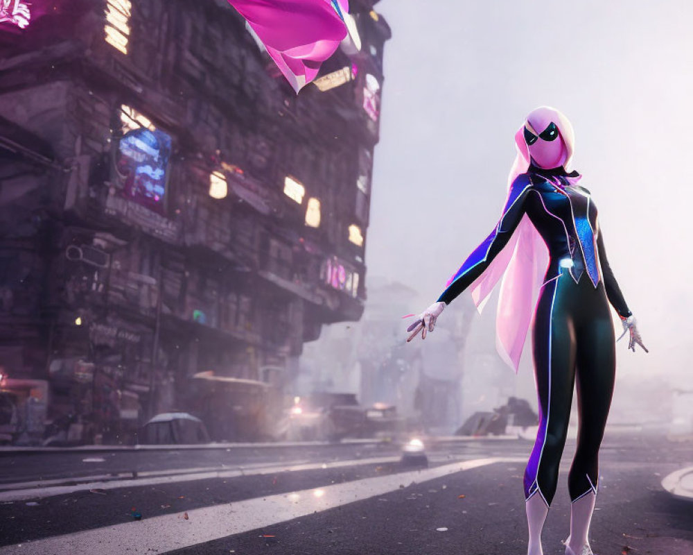 Female superhero in black and white suit with neon blue highlights on city street.