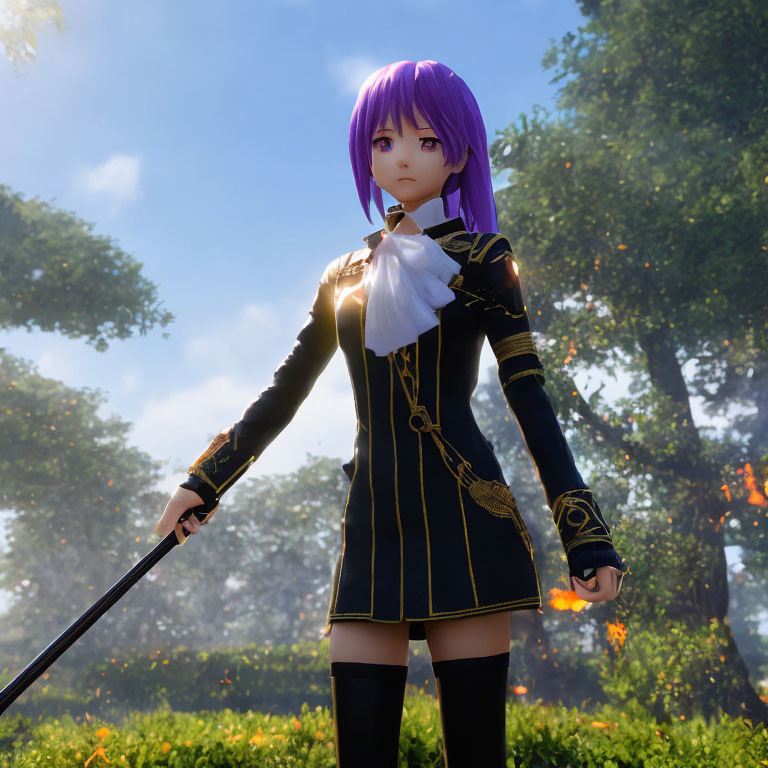 Purple-haired animated character in black and gold uniform with white necktie in sunny forest.