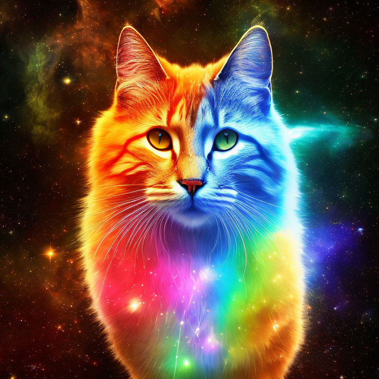 Colorful Digital Art: Illuminated Cat in Cosmic Starfield