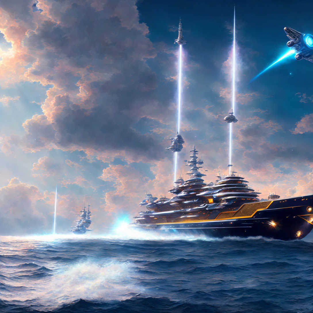 Futuristic battleships firing energy beams under dramatic sky with spaceship.