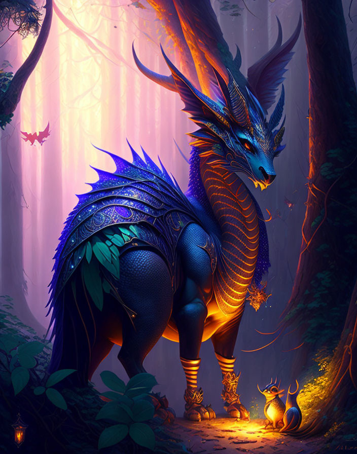 Blue dragon with glowing eyes and flames in mystical forest