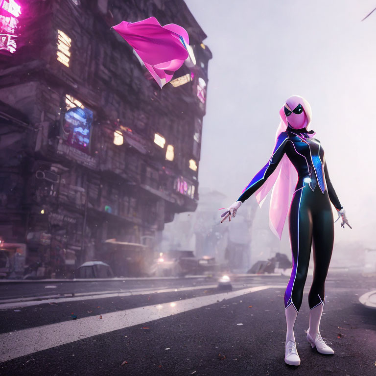 Female superhero in black and white suit with neon blue highlights on city street.