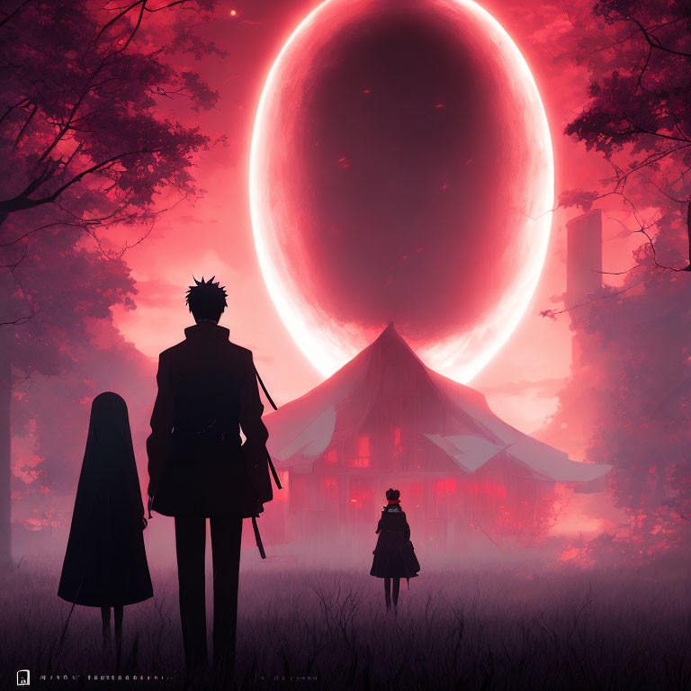 Silhouetted group under large red moon by Japanese structure in crimson forest