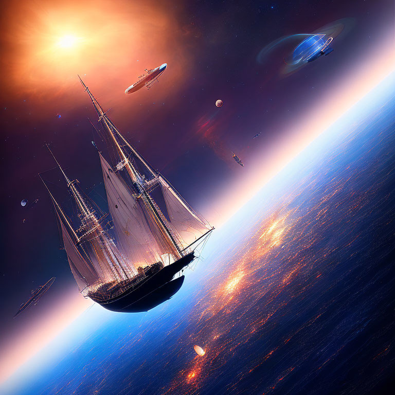 Sailing ship in space with stars, sun, planets, and aircraft