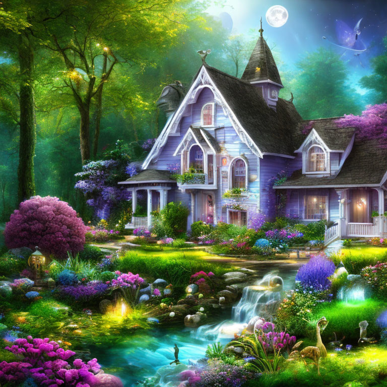 Victorian-style house in magical garden with stream, moon, and butterflies