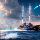 Futuristic battleships firing energy beams under dramatic sky with spaceship.