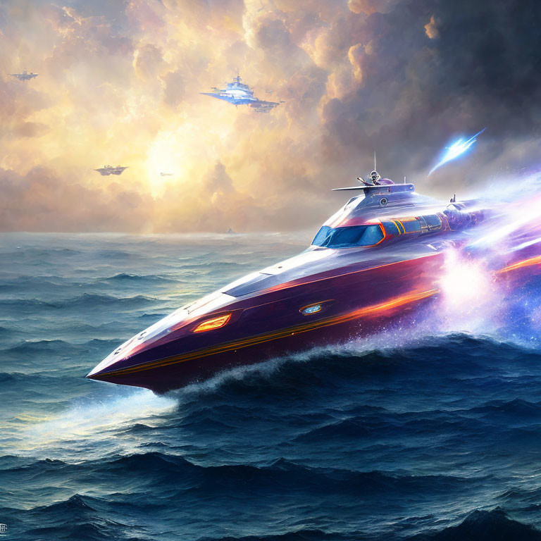 Futuristic speedboat racing in turbulent ocean under dramatic sky