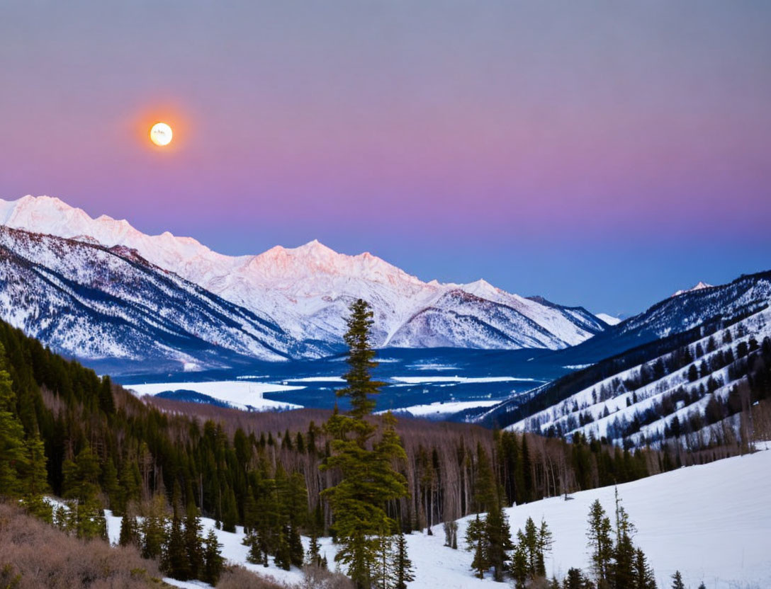 Snowy Mountain Range Sunset with Purple and Orange Sky Gradient