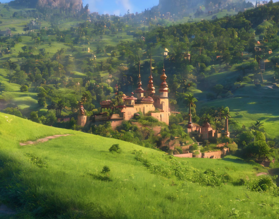 Majestic castle in green hills under morning light