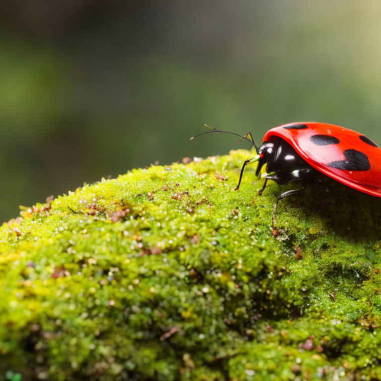 Red ladybug with black spots on green mossy surface