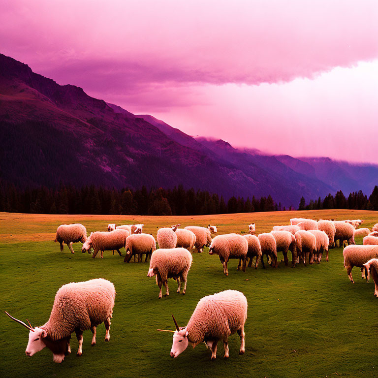 Sheep grazing on lush green field under purple skies