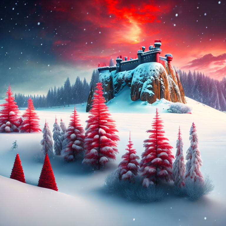 Snowy hill fairytale castle under starry sky with red and white trees