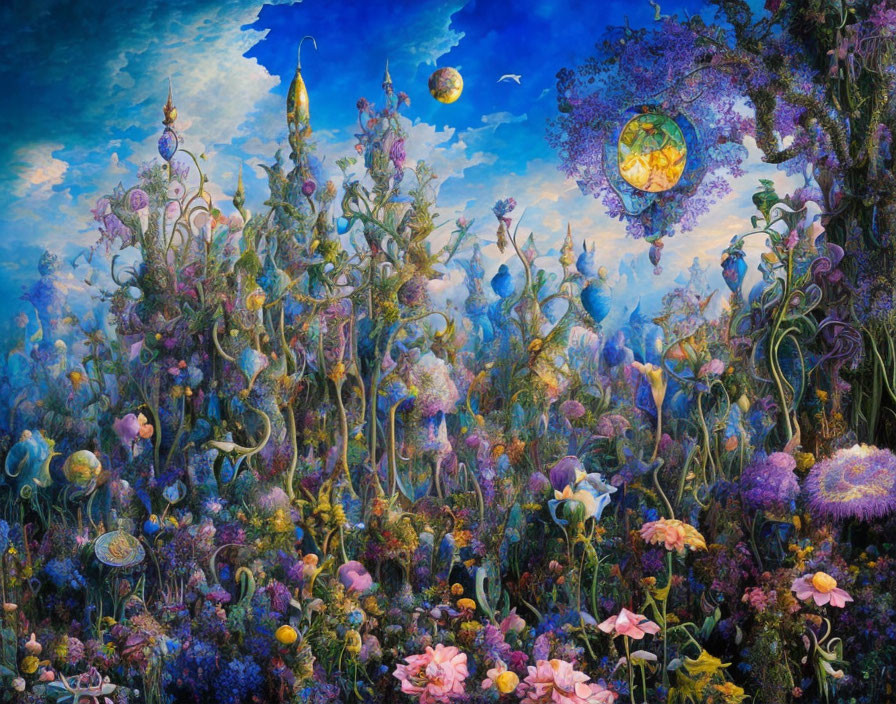 Fantastical landscape with lush vegetation and celestial bodies under blue sky