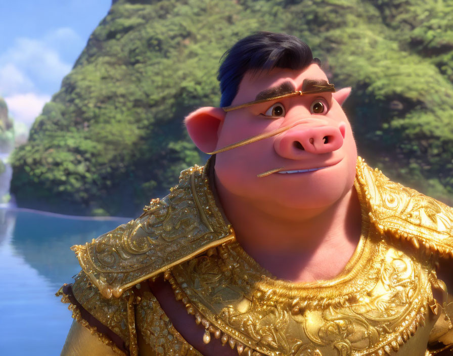 Animated Pig Character in Golden Armor on Tropical Island