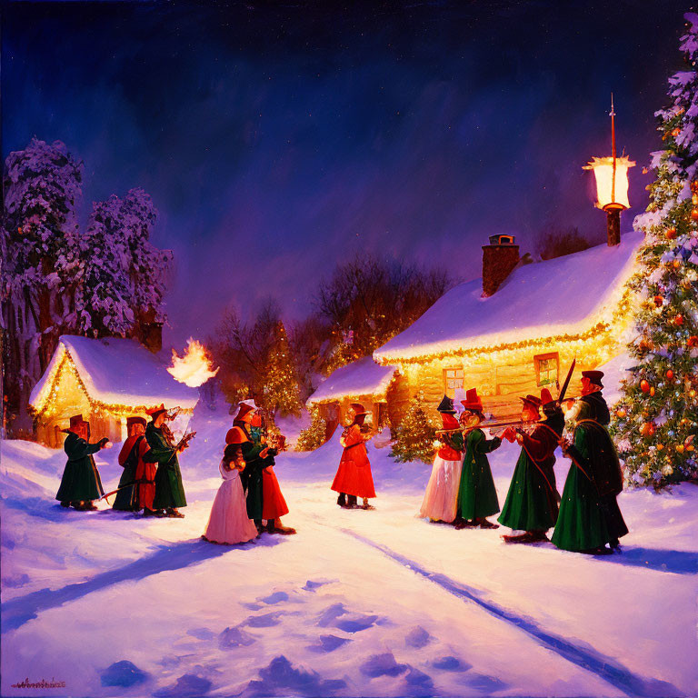 Victorian carolers in snowy winter night scene