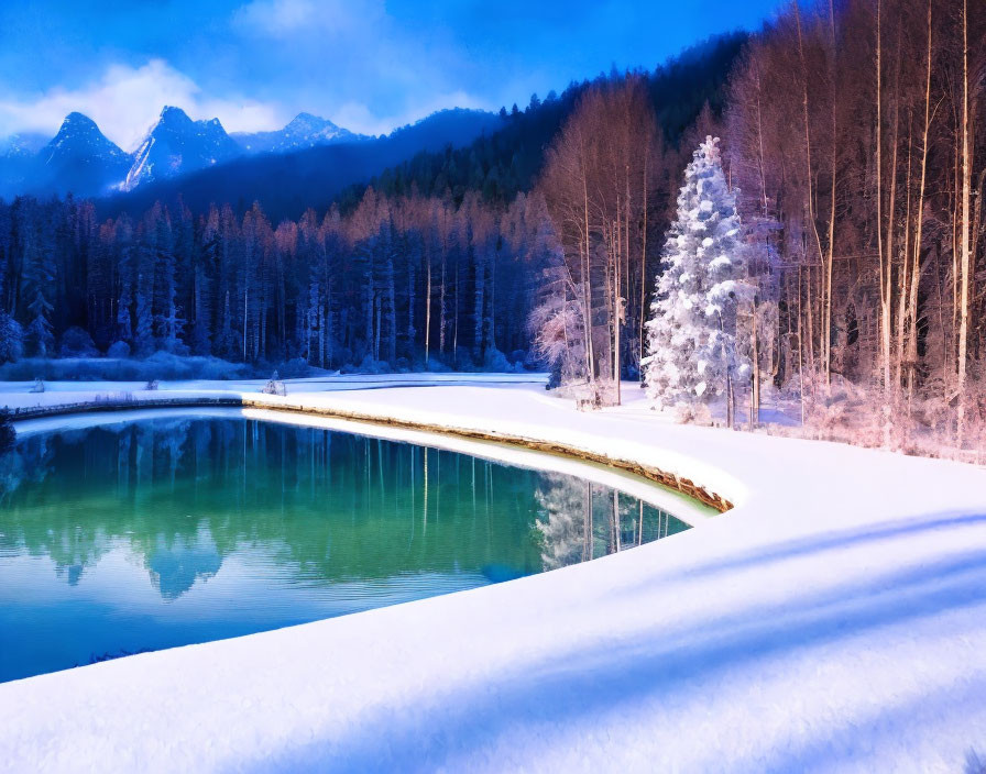 Tranquil winter landscape with turquoise lake, snow-covered bank, frosted trees, wooden pier,