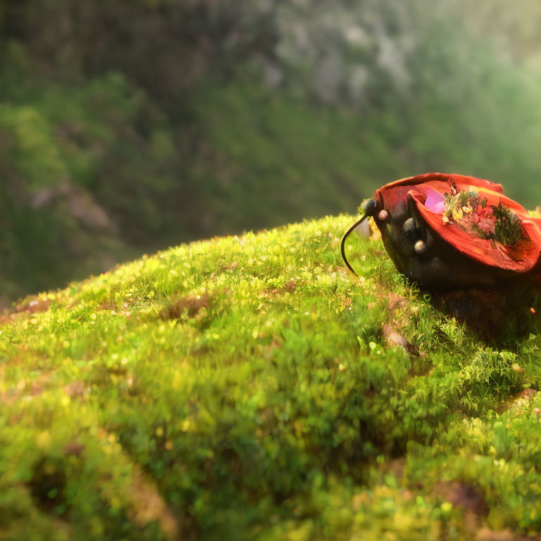 Red Backpack on Green Moss with Foggy Mountain Background